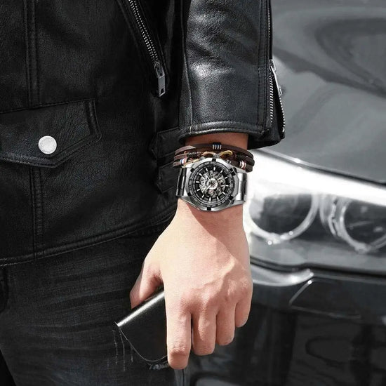 FORSINING Stainless Steel Automatic Mechanical Skeleton Watch - 3Bar Water Resistant