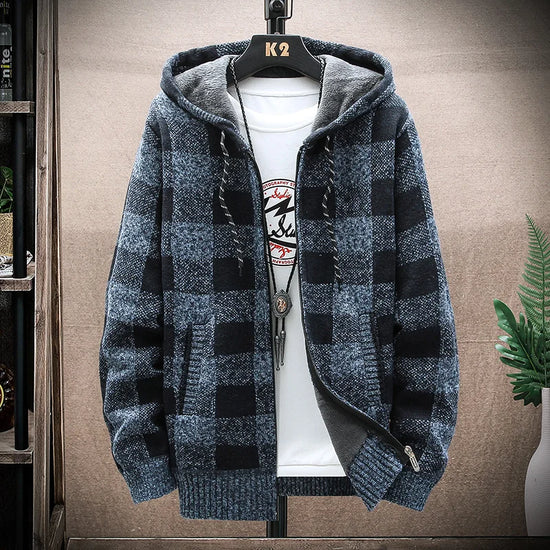 Plaid Hooded Sweater Jacket - Fleece Lined Zip Cardigan