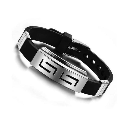 Black Silicone and Stainless Steel Bracelet - Punk Wristband for Men