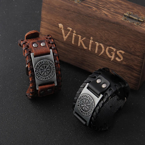 Braided Leather Viking Bracelet - Wide Punk Cuff with Wood Gift Box