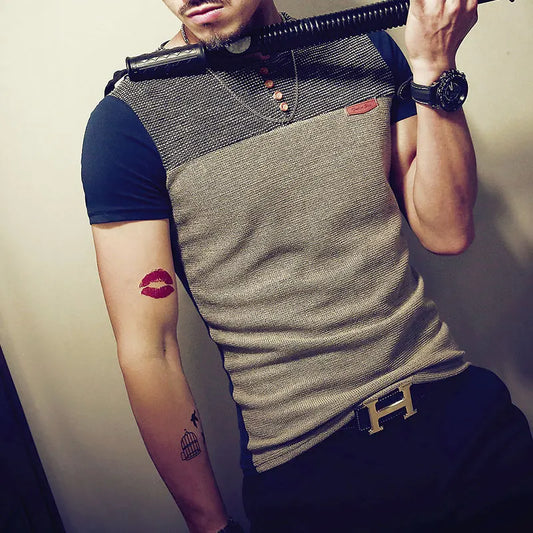 Premium Men's Patchwork Short Sleeve T-Shirt - Breathable Slim Fit