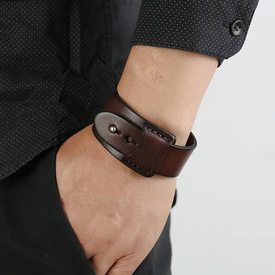 Vintage Genuine Leather Cuff Bracelet - Irregular Wide Wrap Design