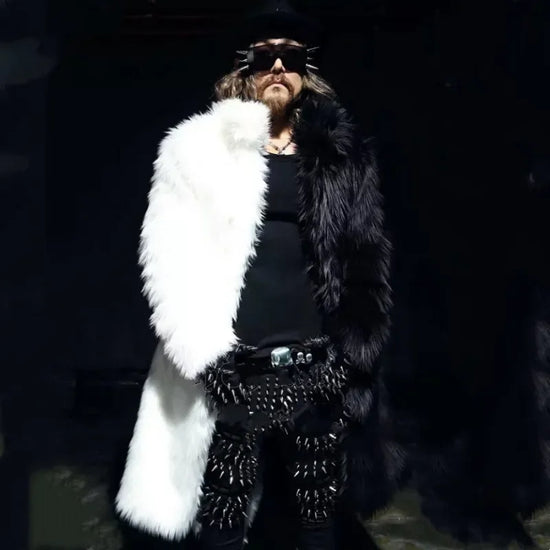 Black and White Patchwork Faux Fur Trench Coat - Long Winter Statement Jacket