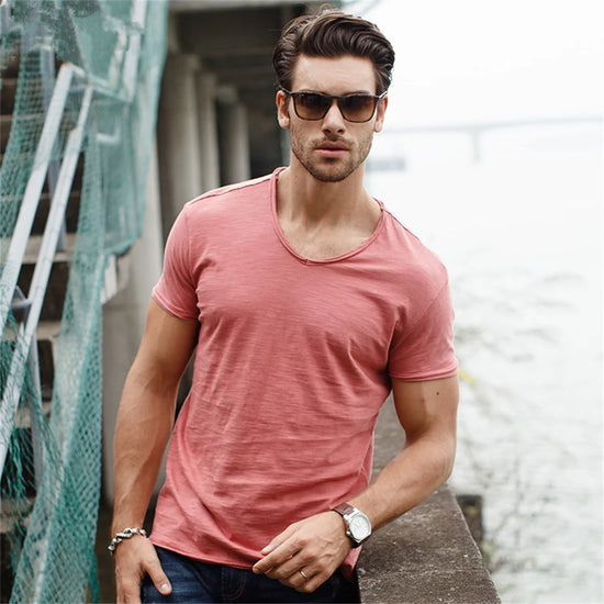 Premium 100% Cotton V-Neck T-Shirt - Breathable Slim Fit