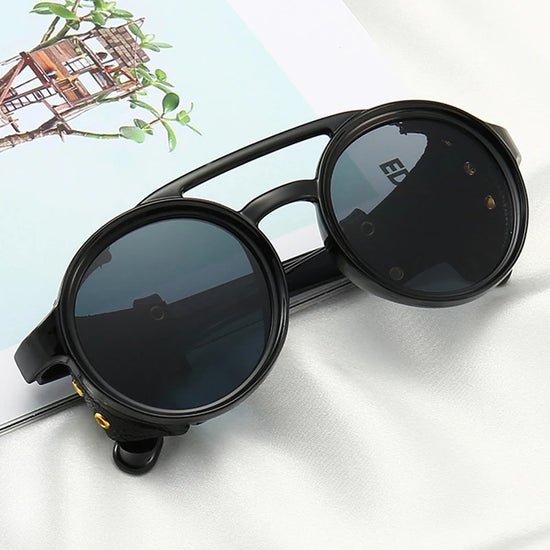 Steampunk Shield Round Sunglasses - Side Leather UV400
