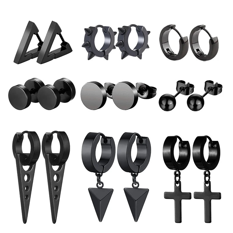 Black Stainless Steel Stud Earrings - Punk Gothic Unisex Pair