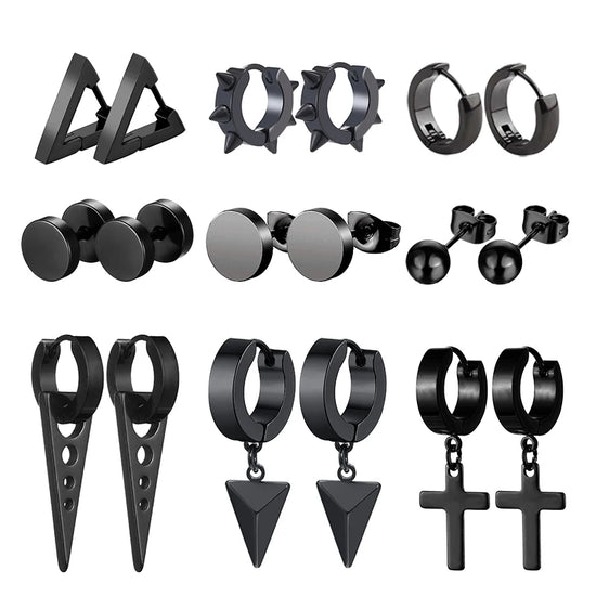 Black Stainless Steel Stud Earrings - Punk Gothic Unisex Pair