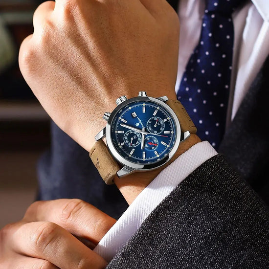 POEDAGAR Leather Strap Quartz Chronograph Watch - 3Bar Water Resistant