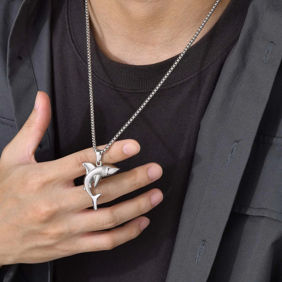 Premium Stainless Steel Shark Pendant Necklace - Box Chain Statement Piece