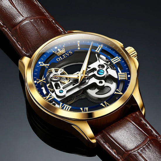 OLEVS Leather Strap Automatic Mechanical Skeleton Watch - 3Bar Water Resistant