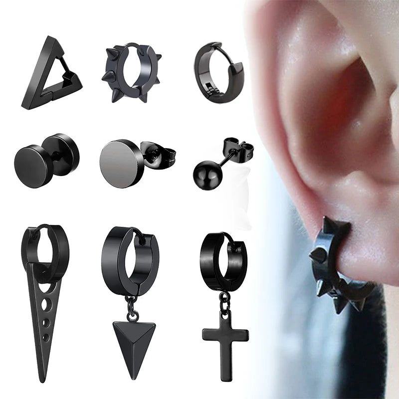 Black Stainless Steel Stud Earrings - Punk Gothic Unisex Pair