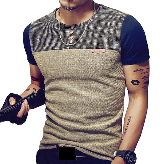 Premium Men's Patchwork Short Sleeve T-Shirt - Breathable Slim Fit
