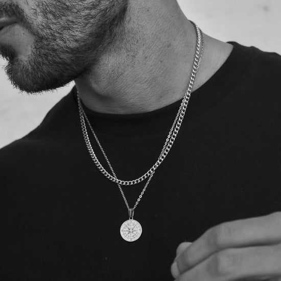Layered Compass Necklace - Stainless Steel Cuban Figaro Chain