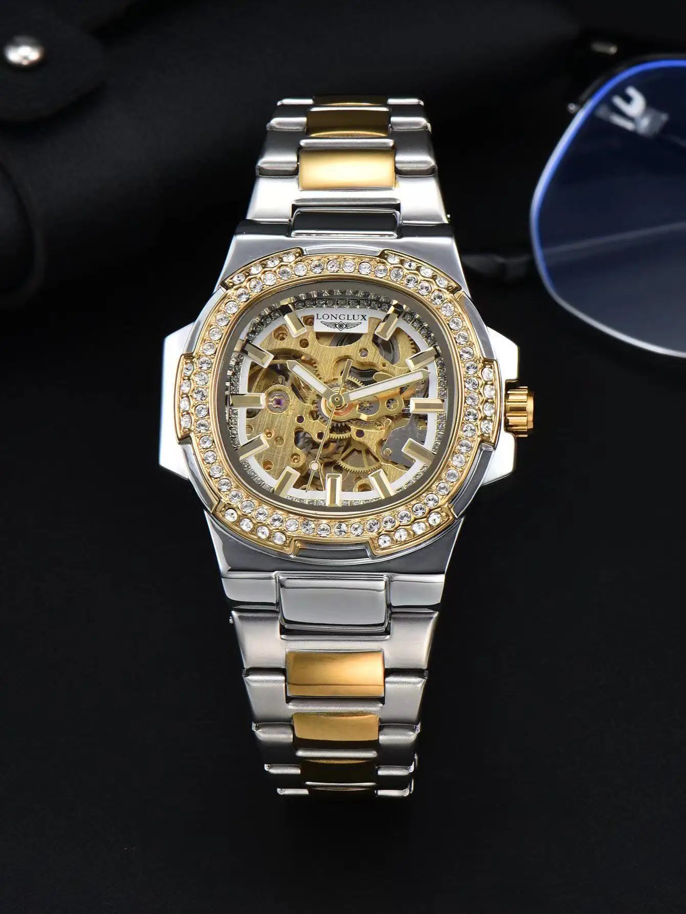 LONGLUX Stainless Steel Automatic Mechanical Skeleton Watch - 3Bar Water Resistant