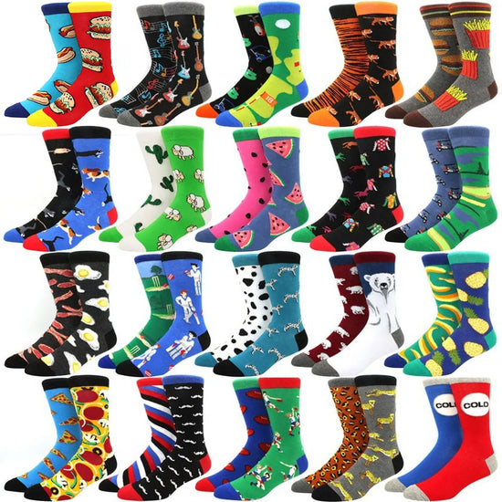 Novelty Cotton Crew Socks - Mismatched Animal & Fruit Designs