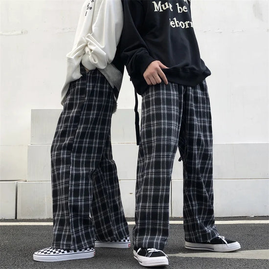 Oversized Plaid Jogger Pants - High-Waist Casual Wide-Leg Trousers