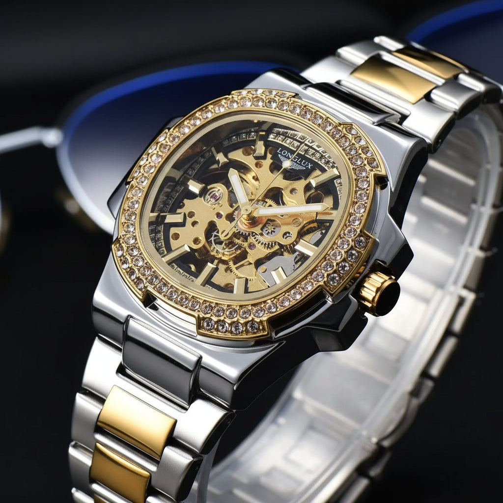 LONGLUX Stainless Steel Automatic Mechanical Skeleton Watch - 3Bar Water Resistant