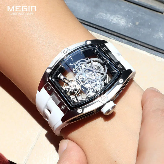 MEGIR Silicone Strap Automatic Mechanical Skeleton Watch - 3Bar Water Resistant