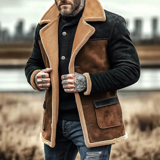 Patchwork Suede-Style Lambwool Jacket - Retro Winter Coat