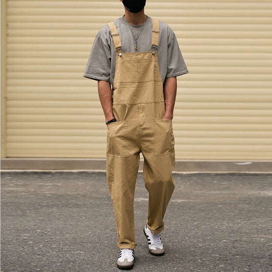 Men's Khaki Bib Overalls - Adjustable Cargo Dungarees