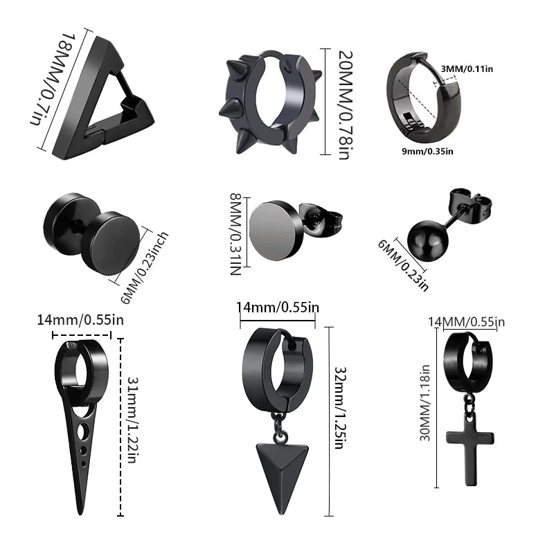Black Stainless Steel Stud Earrings - Punk Gothic Unisex Pair